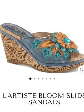L'ARTISTE Blue Teal Floral Wedge Slide Sandals
